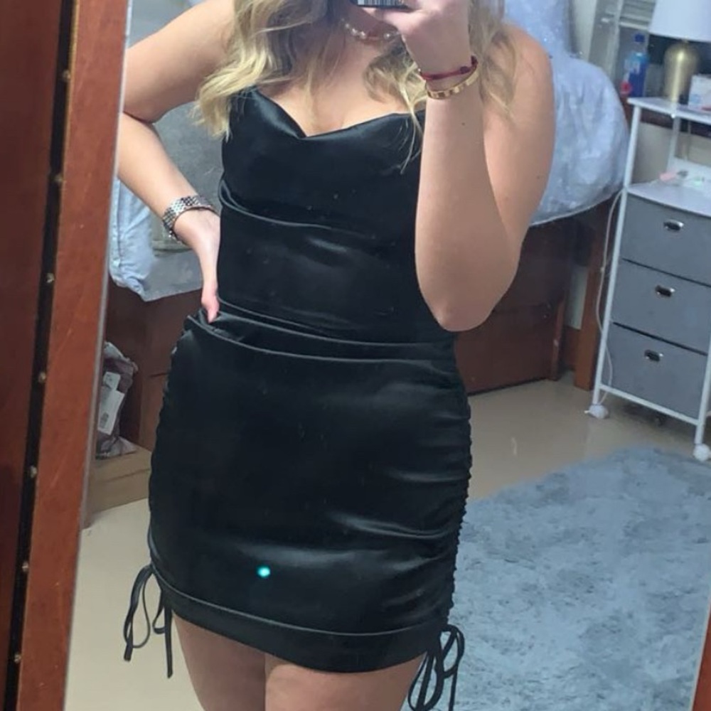 Missguided Black Satin Cowl Ruched Mini Dress S